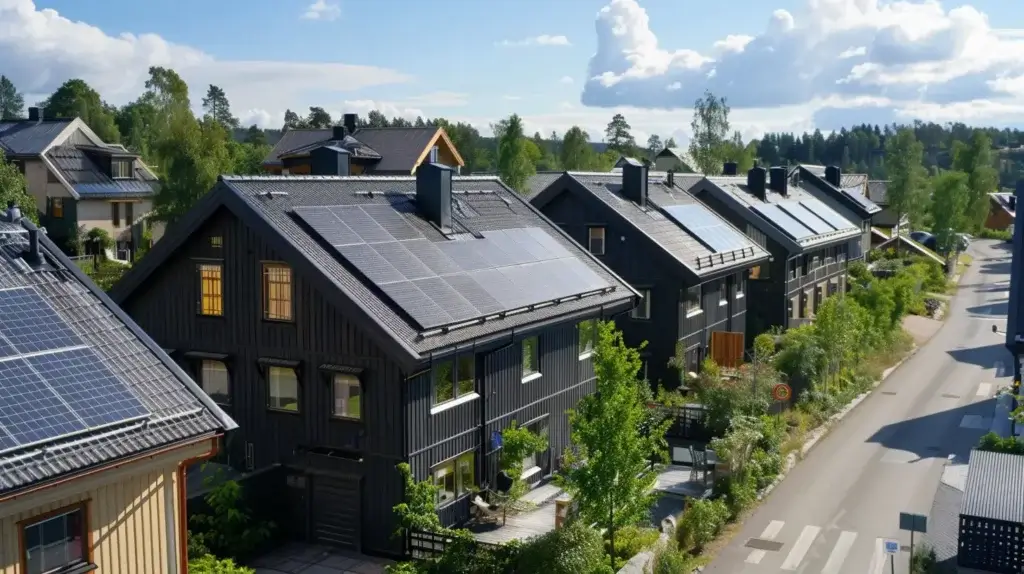 En rad moderna, svarta hus med solpaneler på taket visas en solig dag. Husen kantas längs en ren, trädkantad gata med klarblå himmel och spridda vita moln i bakgrunden.