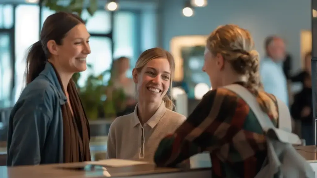 Tre kvinnor i ledig klädsel för ett livligt samtal på en inomhusmiljö, möjligen ett kontor eller ett café. Två kvinnor står på ena sidan av disken och ler, medan en annan kvinna med rutig skjorta och ryggsäck möter dem, också de ler – en stund troligen inspirerad av att diskutera solcellslån.