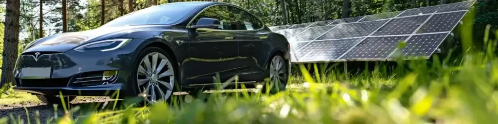 En svart elbil står parkerad på en gräsyta bredvid ett stort utbud av solpaneler, med en skog i bakgrunden. Solen skiner och reflekterar bilen och solpanelerna.