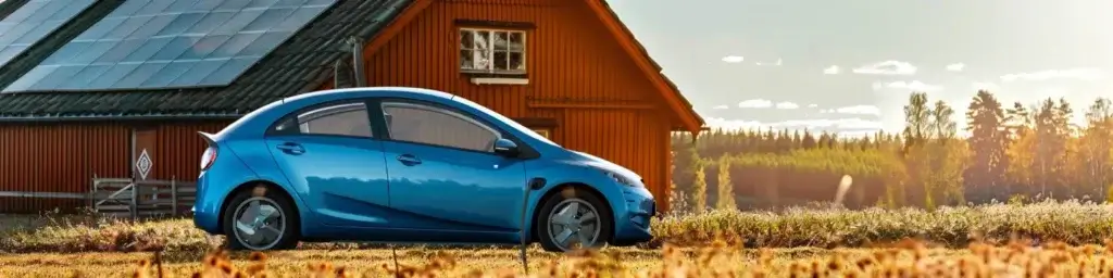 En blå elbil står parkerad framför ett rött trähus med solpaneler på taket. Miljön verkar lantlig, med öppna fält och en avlägsen trädgräns under en klar himmel.