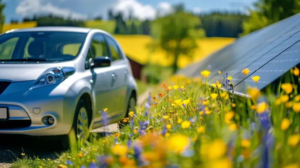 En silverfärgad elbil står parkerad på en landsväg bredvid ett pulserande, färgstarkt fält av gula och orange blommor i blom. En solcellspanel är synlig till höger, inställd mot en bakgrund av böljande gröna kullar och en delvis molnig blå himmel.