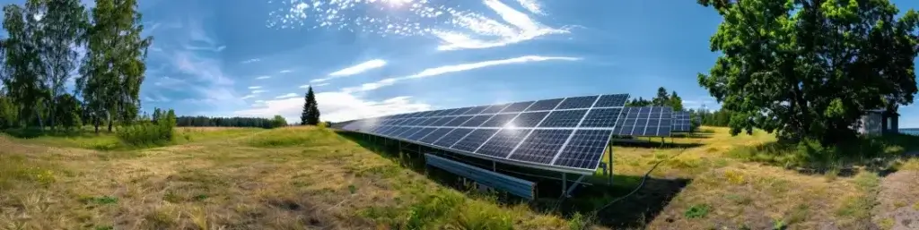 Panoramautsikt över solceller på marken i ett gräsbevuxet fält kantat av träd under en delvis molnig himmel.