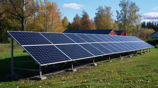 En rad stora solceller på marken i ett öppet fält med färgglada höstträd och en röd ladugård i bakgrunden en solig dag.