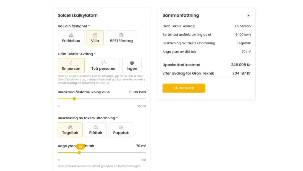 En skärmdump av ett onlineformulär på svenska för installation av solenergisystem. Formuläret samlar information om byggnadstyp, energifördelning, takutformning, antal boende och visar beräknade kostnader. Alternativen inkluderar val av fastighetstyper och takdesign.