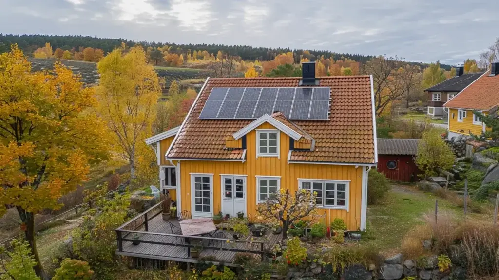 Ett pittoreskt gult trähus med rött tegeltak har solpaneler. Den har ett mysigt däck med utemöbler och är omgivet av höstträd med levande gult och orange lövverk. Böljande kullar och ytterligare hus syns i bakgrunden.