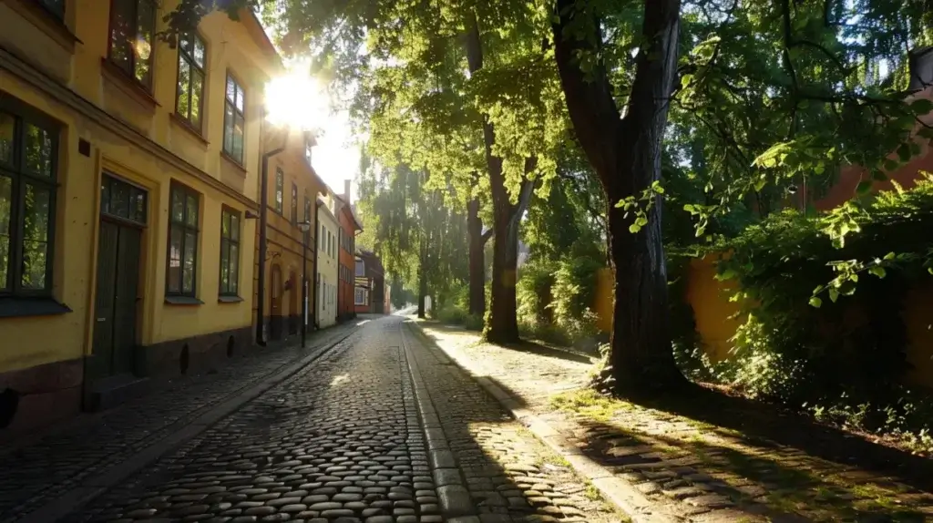 En kullerstensgata sträcker sig genom ett lugnt, solbelyst område. Varmgula byggnader kantar den vänstra sidan, medan stora, lummiga träd badar scenen i fläckigt ljus. Solljus filtrerar genom grenarna och skapar en fridfull och inbjudande atmosfär.