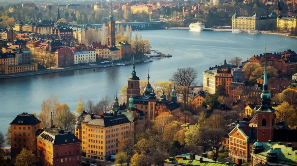 En naturskön flygvy över en stad med flera vattendrag och färgglada byggnader omgiven av höstliga träd. En stor flod rinner genom staden, med en bro i bakgrunden och ett kryssningsfartyg anlöpt längs stranden. Stadsbilden är levande under klar himmel.