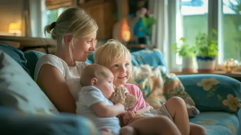 En kvinna med blont hår sitter på en blommönstrad soffa och håller en bebis i famnen medan ett litet barn sitter bredvid henne och tittar bort från kameran. Rummet är varmt upplyst med växter vid fönstret i bakgrunden, vilket skapar en mysig atmosfär.