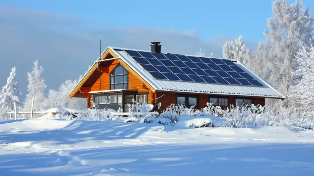 Ett mysigt trähus med ett stort utbud av solpaneler på taket är omgivet av ett snöigt landskap. Snötäckta träd och buskar är i bakgrunden under en klarblå himmel.