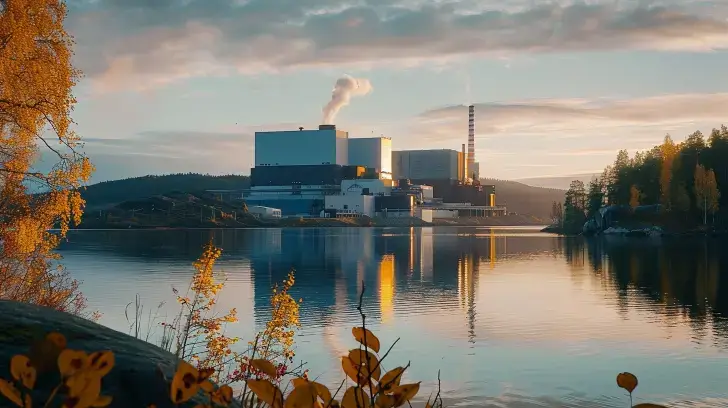 En stor kärnkraftsanläggning med flera byggnader och en hög skorsten som avger rök ligger vid en lugn sjö. Höstens lövverk omger sjön, och det lugna vattnet speglar byggnaderna och de färgglada träden. Himlen är delvis molnig.