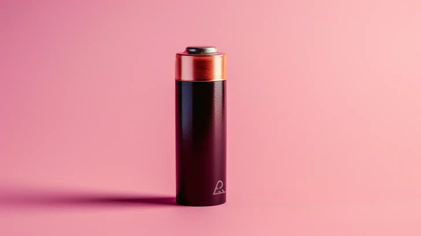 En närbild av ett enda AA-batteri som står upprätt mot en rosa bakgrund. Batteriet har en kopparfärgad topp och en svart kropp med en liten, vit logotyp nära botten. Skuggor från batteriet kastas på den rosa ytan.