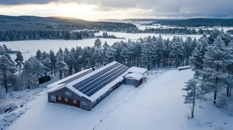 Flygfoto över ett snötäckt landsbygdslandskap med en stor röd byggnad med solpaneler på taket. Omgiven av frosttäckta träd och öppna fält under en molnig himmel med en antydan av solljus i fjärran.