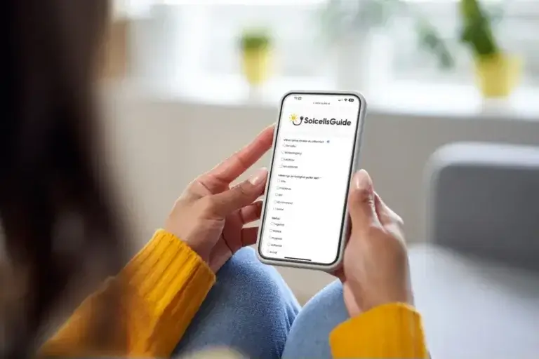 En person som bär en gul tröja håller en smartphone som visar en app som heter "SolcellsGuide". telefonskärmen visar ett offertformulär för offert på solceller. Sittande på en soffa inomhus överväger individen att lägga till "Offert på Solceller" till sina listor.