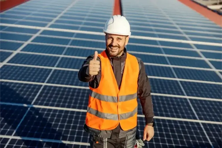 En person som bär en vit hjälm och en orange reflexväst från ett solcellsföretag står på en Solcellsinstallation och gör tummen upp. De ler och verkar nöjda, med rader av solpaneler som sträcker sig in i bakgrunden efter att ha fått jobbet via SolcellsGuide och offerter på solceller.