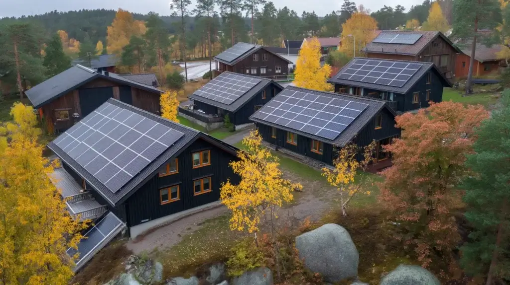 Flygfoto över hus med solpaneler på sina tak omgivna av höstträd med gula och orange löv, i ett skogsområde. Himlen är mulen, vilket förstärker lövverkets livliga färger.