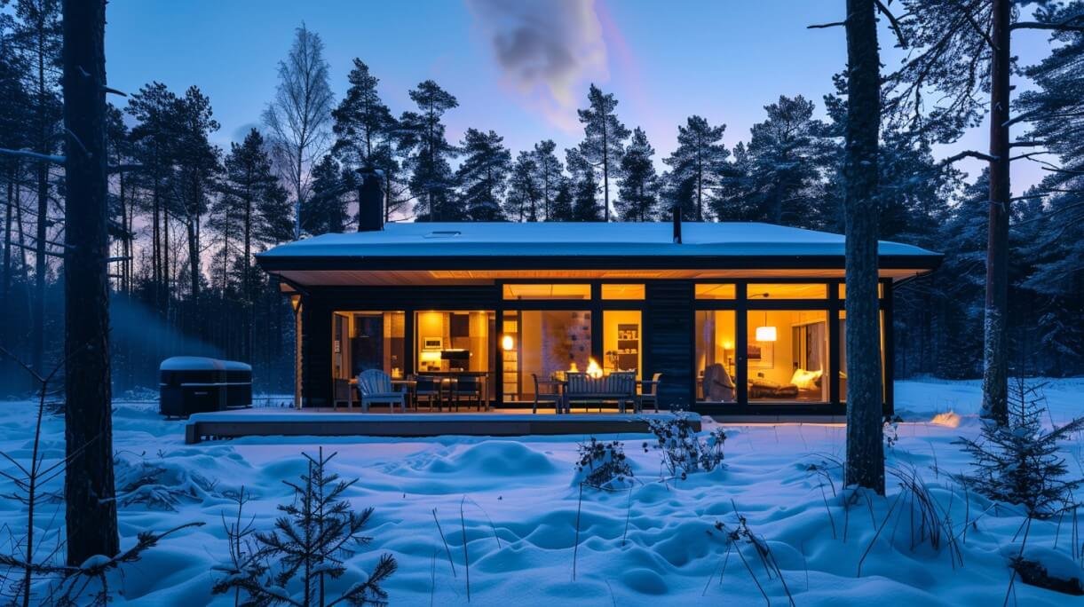 En modern stuga med stora fönster lyser varmt med inomhusbelysning, omgiven av en snöig skog i skymningen. Rök stiger upp ur skorstenen och snö täcker marken och träden, vilket skapar en fridfull vinterscen.