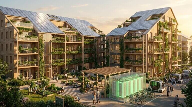 Moderna miljövänliga flerbostadshus med träfasader, solpaneler, gröna balkonger, människor som umgås, en cykelstation och elfordon på en anlagd innergård i solnedgången.
