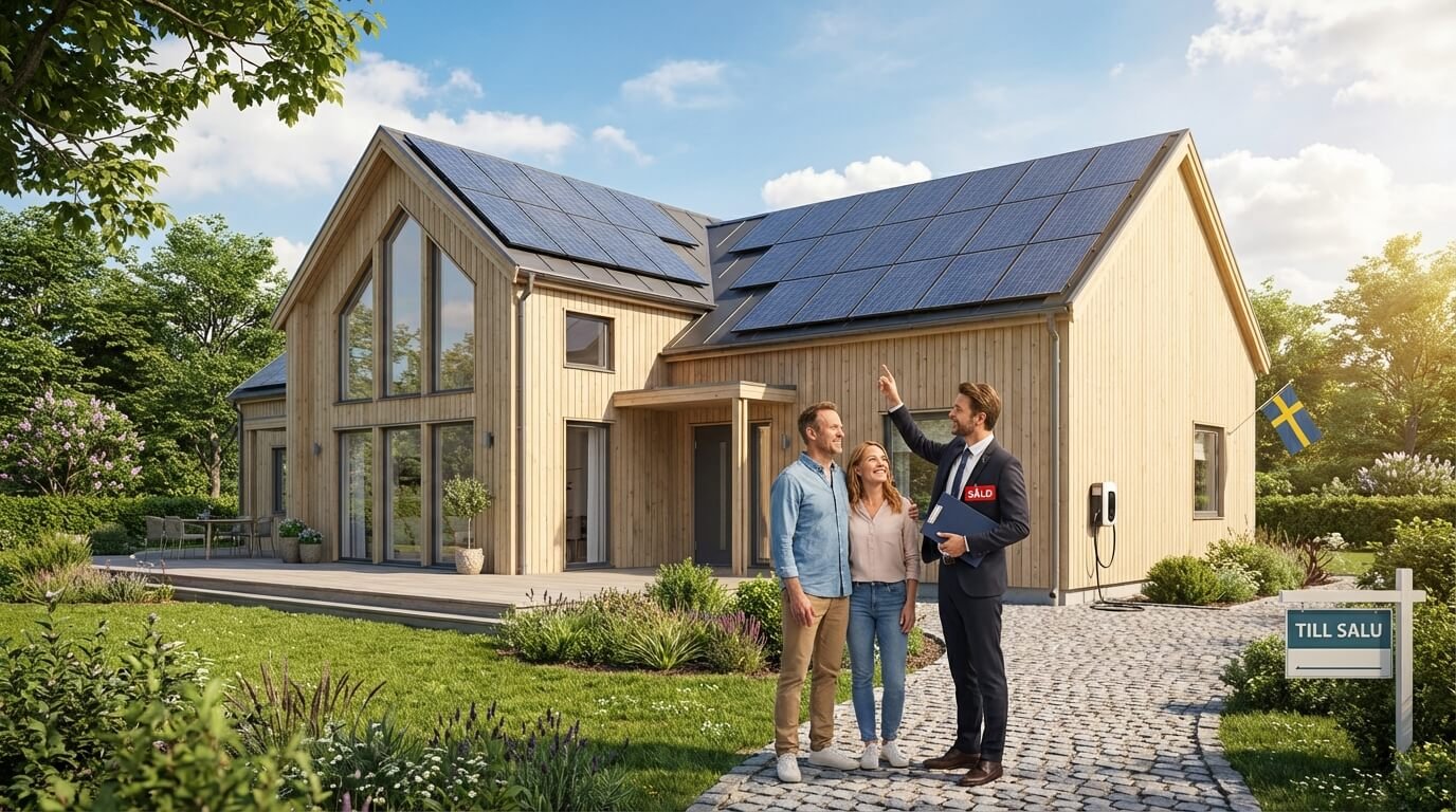 En fastighetsmäklare visar ett modernt trähus med solpaneler för ett leende par. Huset är omgivet av grönska, och en "Till Salu"-skylt och en svensk flagga syns.