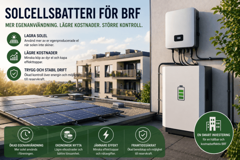 Ett tak med solpaneler på ett flerbostadshus. På väggen finns två batterilagringsenheter. Svensk text lyfter fram fördelarna med solcellsbatterier, bland annat lägre kostnader, ökat oberoende och tillförlitlighet.