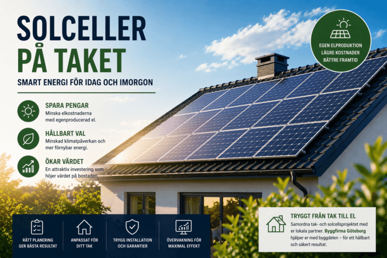 Ett hus med solpaneler installerade på taket under en blå himmel. Svensk text lyfter fram fördelarna med solenergi: spara pengar, hållbart val och ökat värde på bostaden. Ikoner och gröna accenter understryker miljövänligheten.
